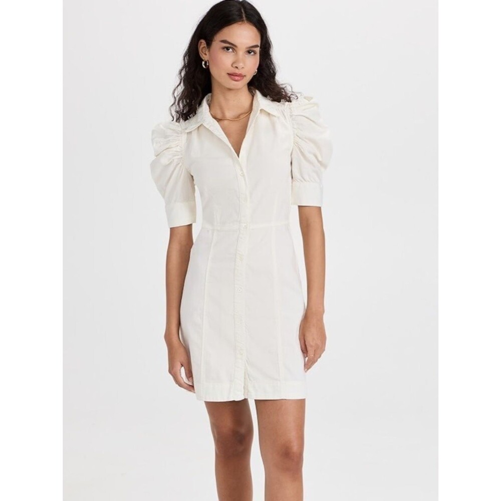 FRAME Women’s Gillian Puff Sleeve Dress Button Up Denim Ecru White Size Large
